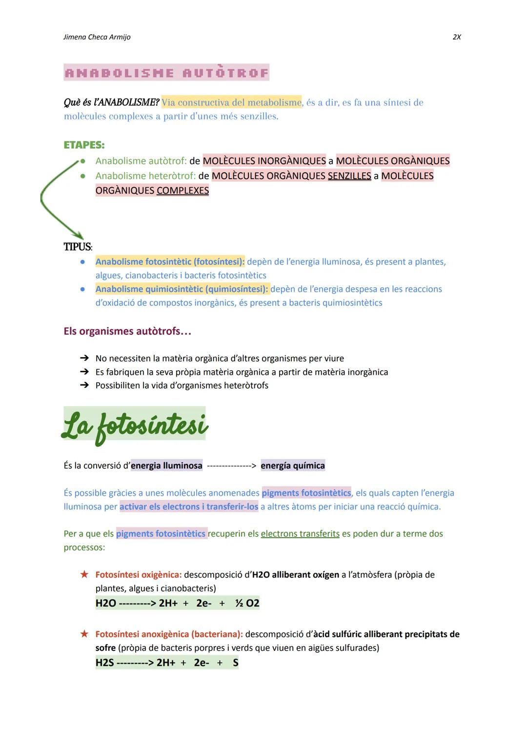 Jimena Checa Armijo

ANABOLISME AUTOTROF

Què és l'ANABOLISME? Via constructiva del metabolisme, és a dir, es fa una síntesi de
molècules co