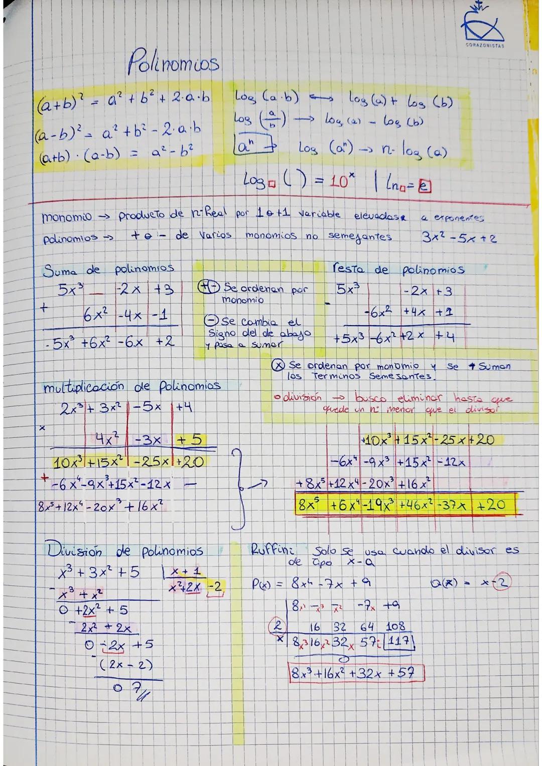 Polinomios
(a+b)² = a² + b² + 2·a·b
(a-b) ² = a² + b² -2·a·b
(a+b) · (a-b) = 9²-b²
Suma de polinomios
5x³
-2x +3
6x² - 4x1
-5x³ +6x² - 6x +2