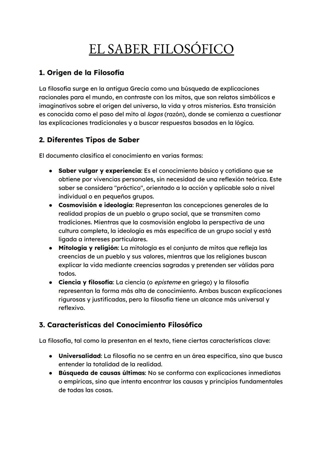 # EL SABER FILOSÓFICO

1. Origen de la Filosofía

La filosofía surge en la antigua Grecia como una búsqueda de explicaciones
racionales para