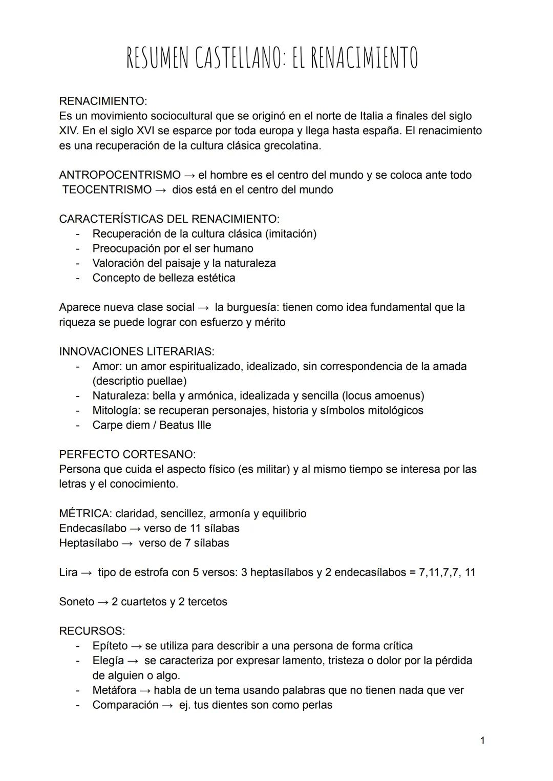 # RESUMEN CASTELLANO: EL RENACIMIENTO

RENACIMIENTO:
Es un movimiento sociocultural que se originó en el norte de Italia a finales del siglo