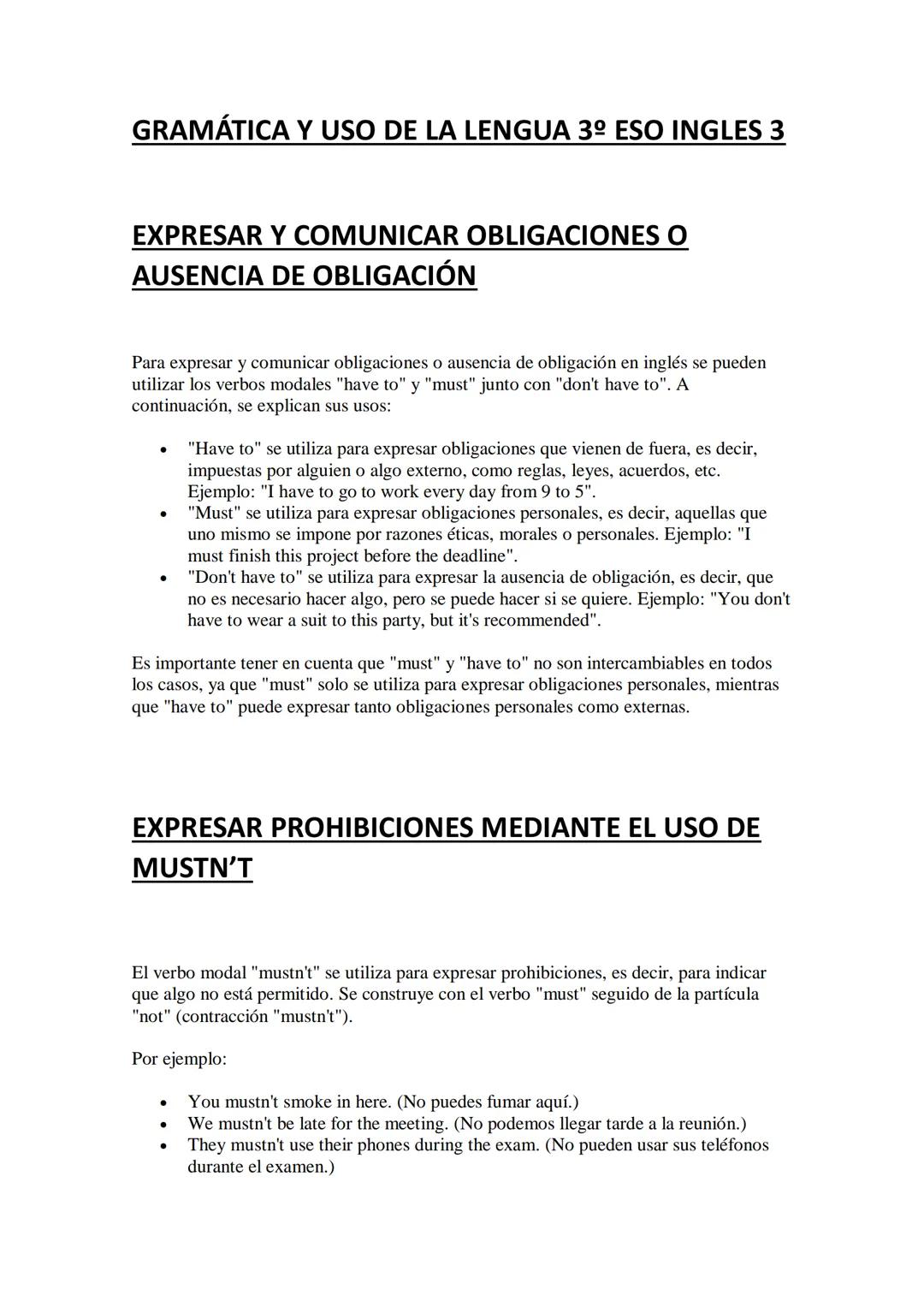 GRAMÁTICA Y USO DE LA LENGUA 3º ESO INGLES 3
EXPRESAR Y COMUNICAR OBLIGACIONES O
AUSENCIA DE OBLIGACIÓN
Para expresar y comunicar obligacion