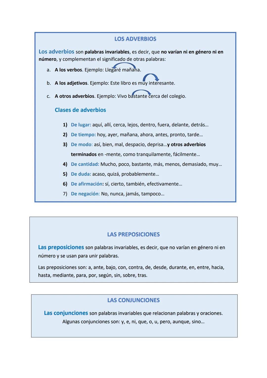 LOS ADVERBIOS
Los adverbios son palabras invariables, es decir, que no varían ni en género ni en
número, y complementan el significado de ot