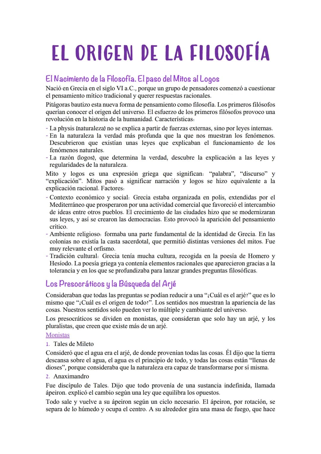 EL ORIGEN DE LA FILOSOFÍA
El Nacimiento de la Filosofía. El paso del Mitos al Logos
Nació en Grecia en el siglo VI a.C., porque un grupo de 