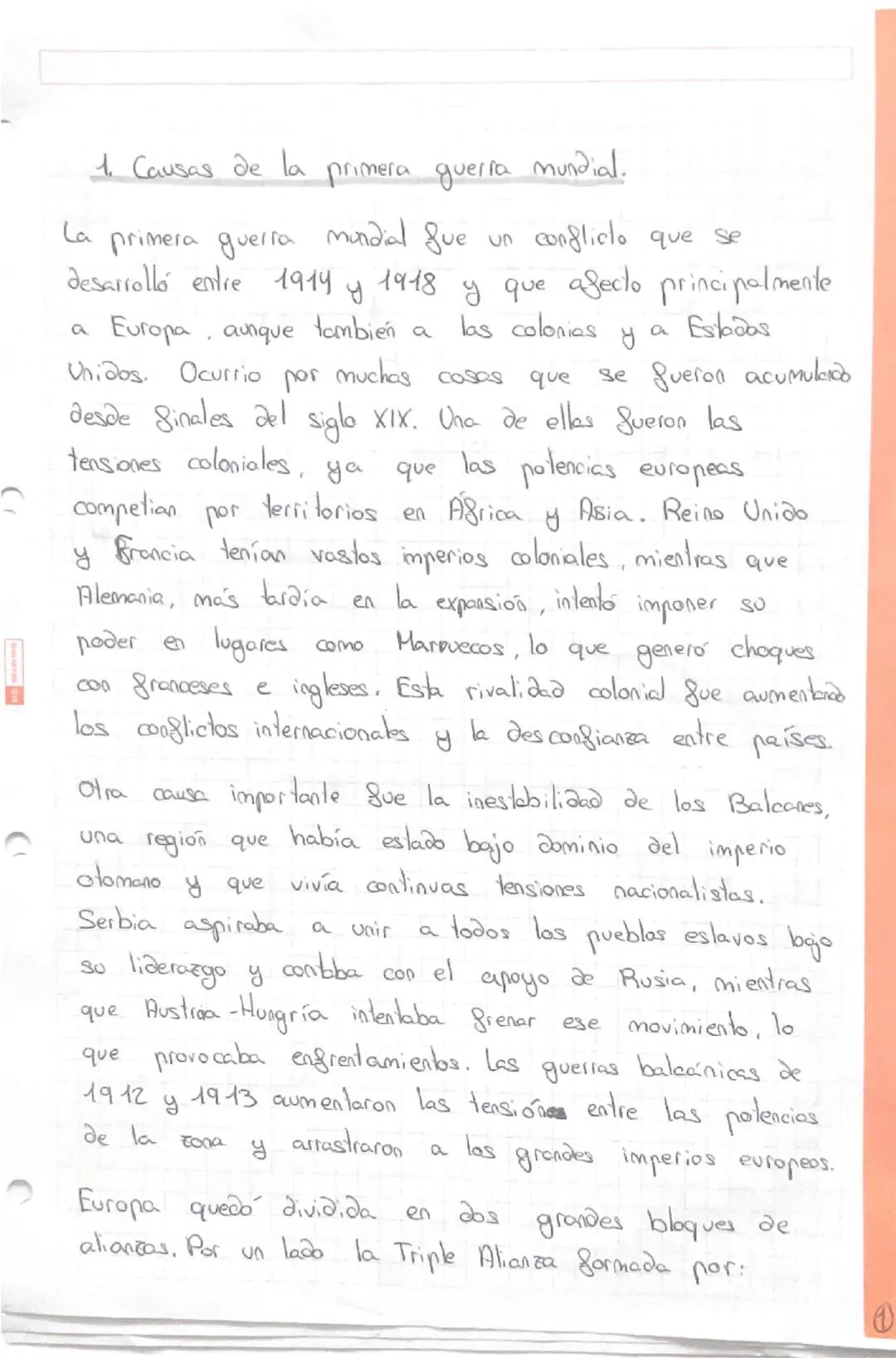 # 1. Causas de la primera guerra mundial.

La primera guerra mundial que un conflicto que se
desarrolló entre 1914 y 1918 y que afecto princ