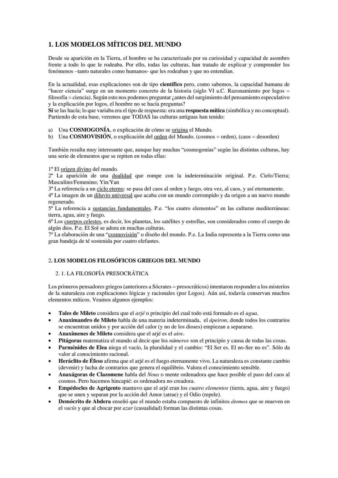 TEMA 4 FILOSOFÍA PRIMERO DE BACHILLERAT
COSMOVISIONES A LO LARGO DE LA HISTORIA. LA FILOSOFÍA DE LA CIENCIA ACTUAL.
1. LOS MODELOS MÍTICOS D