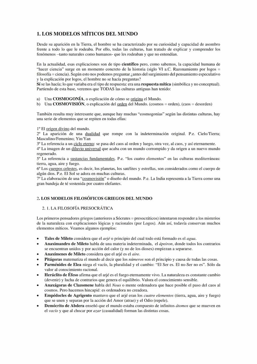 TEMA 4 FILOSOFÍA PRIMERO DE BACHILLERAT
COSMOVISIONES A LO LARGO DE LA HISTORIA. LA FILOSOFÍA DE LA CIENCIA ACTUAL.
1. LOS MODELOS MÍTICOS D