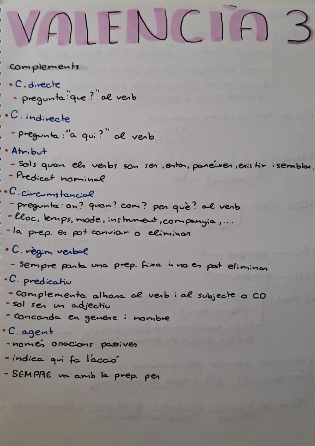 --- OCR Start ---
VALENCIA
complements
• C. directe
- pregunta: "que?" al verb
• C. indirecte
- pregunta: "a qui?" al verb
• Atribut
- Sols 
