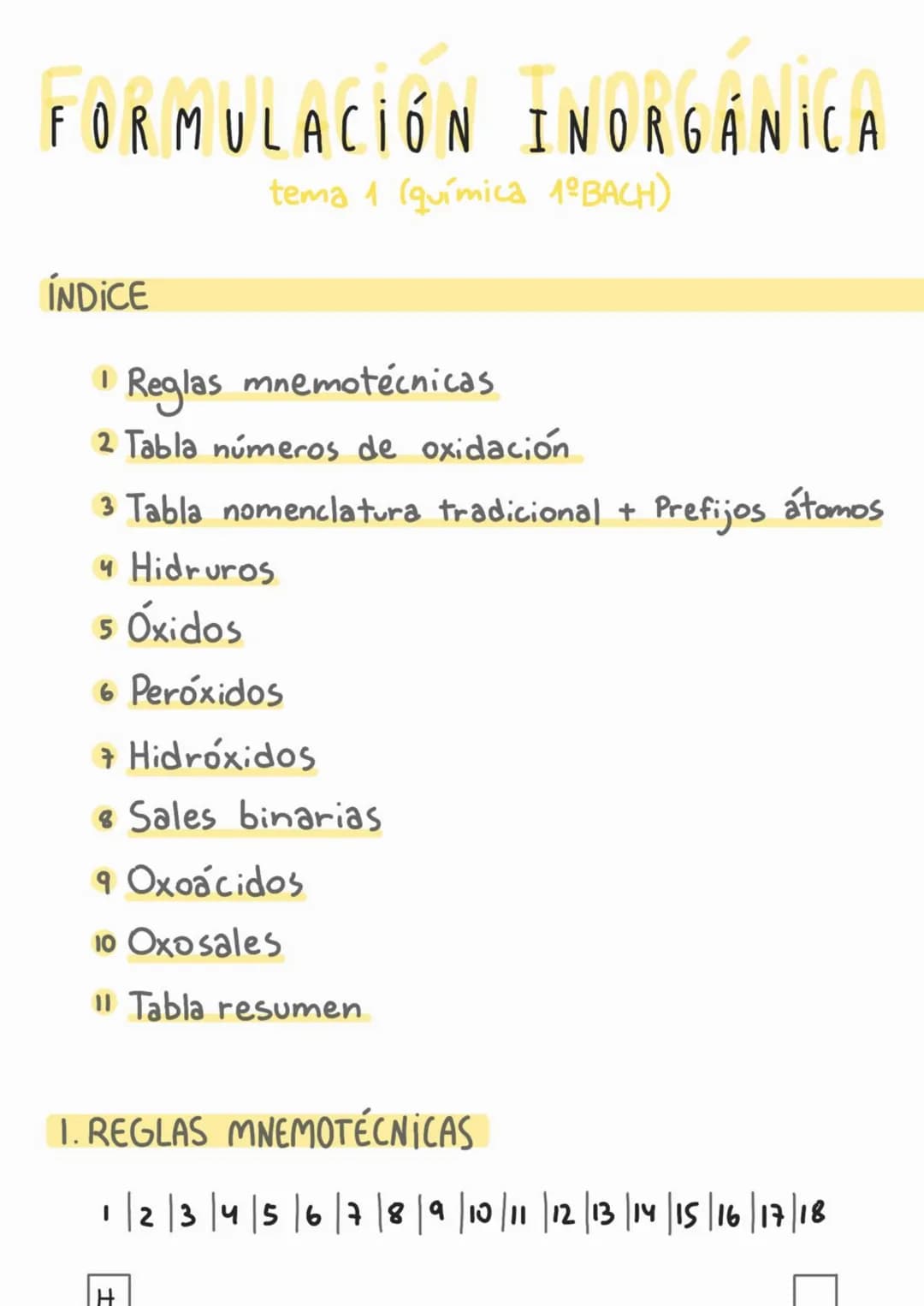 
<p>En este apunte de formulación inorgánica para 1º de bachillerato vamos a cubrir los siguientes temas:</p>
<h2 id="reglasmnemotcnicas">Re