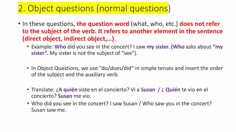 1. Subject questions
●
• In these questions, the question word (what, who, etc.) refers to the
subject of the verb.
●
Example: Who made this