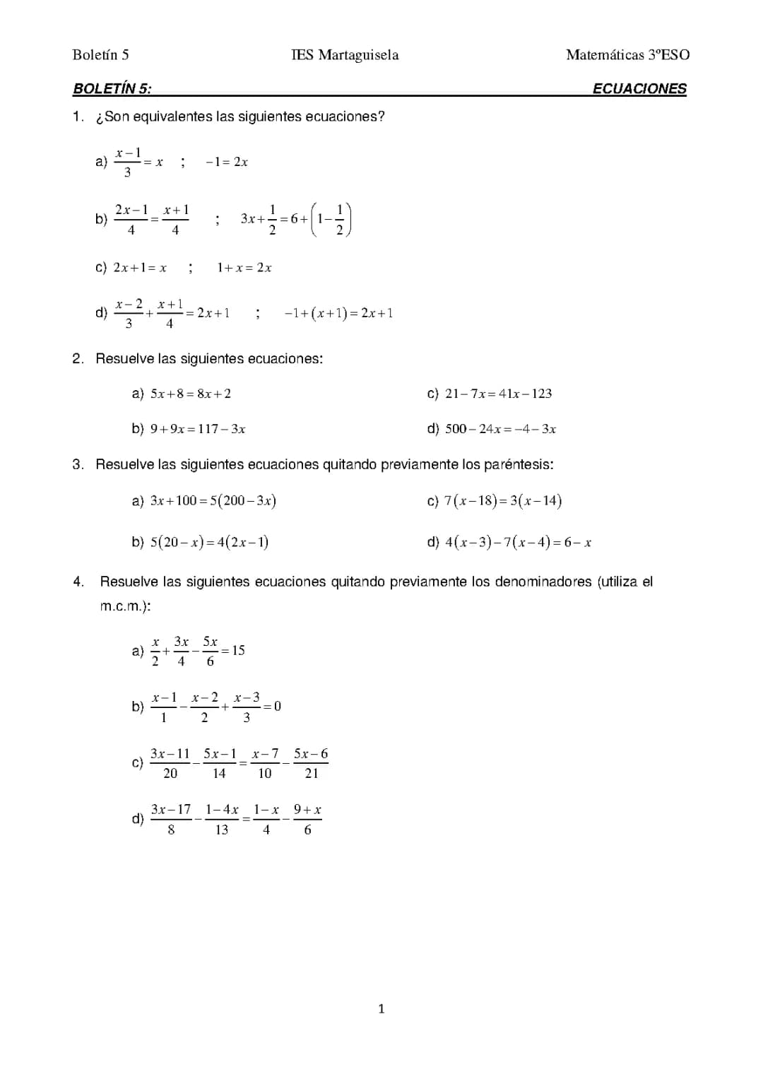 ejercicios de ecuaciones de primer grado