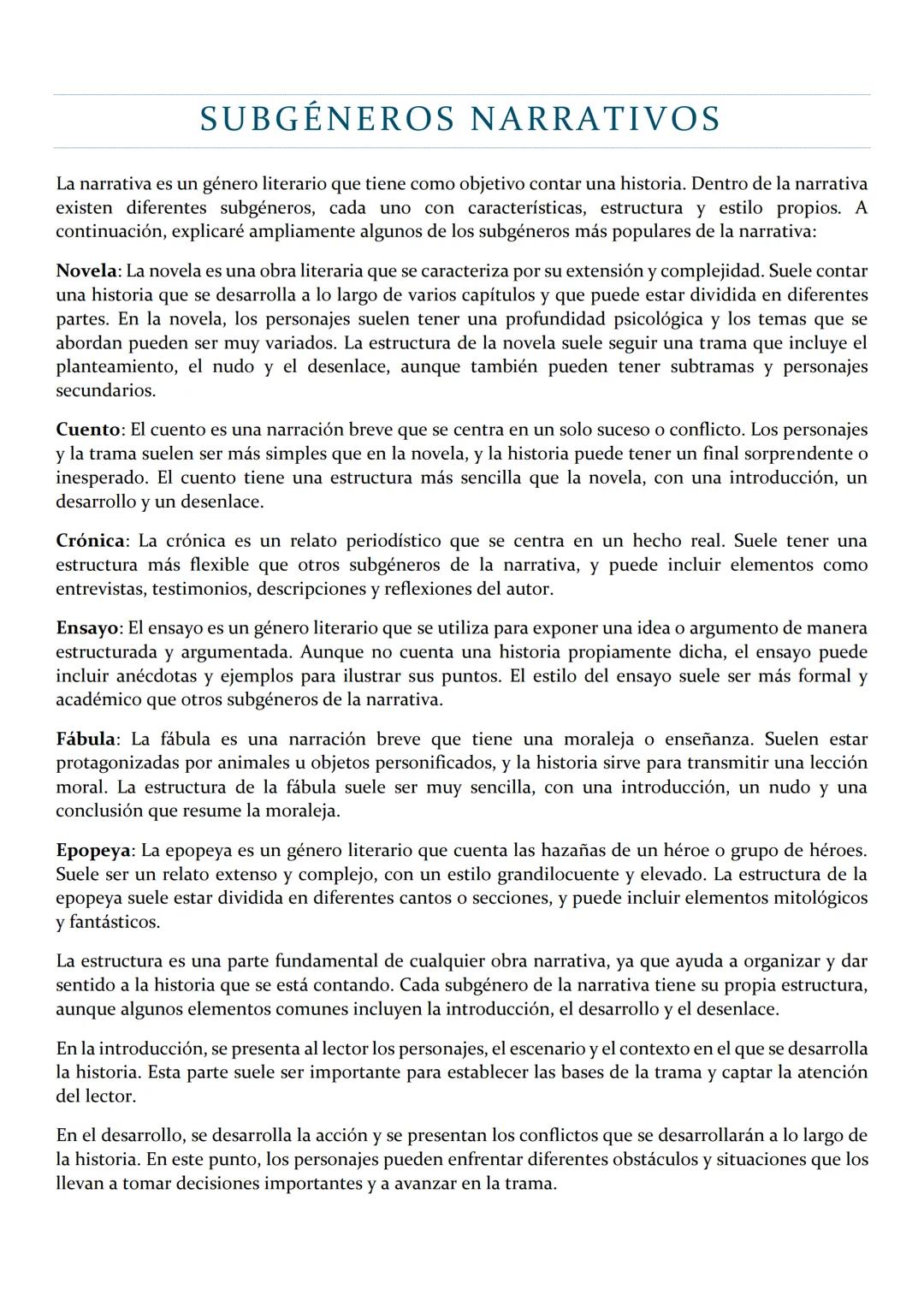 SUBGÉNEROS NARRATIVOS
La narrativa es un género literario que tiene como objetivo contar una historia. Dentro de la narrativa
existen difere