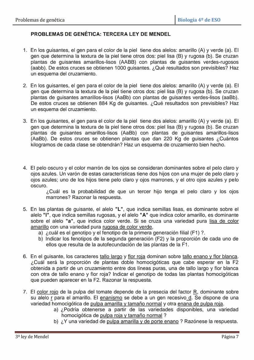 Problemas de genética
Biología 4º de ESO
PROBLEMAS DE GENÉTICA: PRIMERA Y SEGUNDA LEYES DE MENDEL
1. En cierta especie de plantas el color a