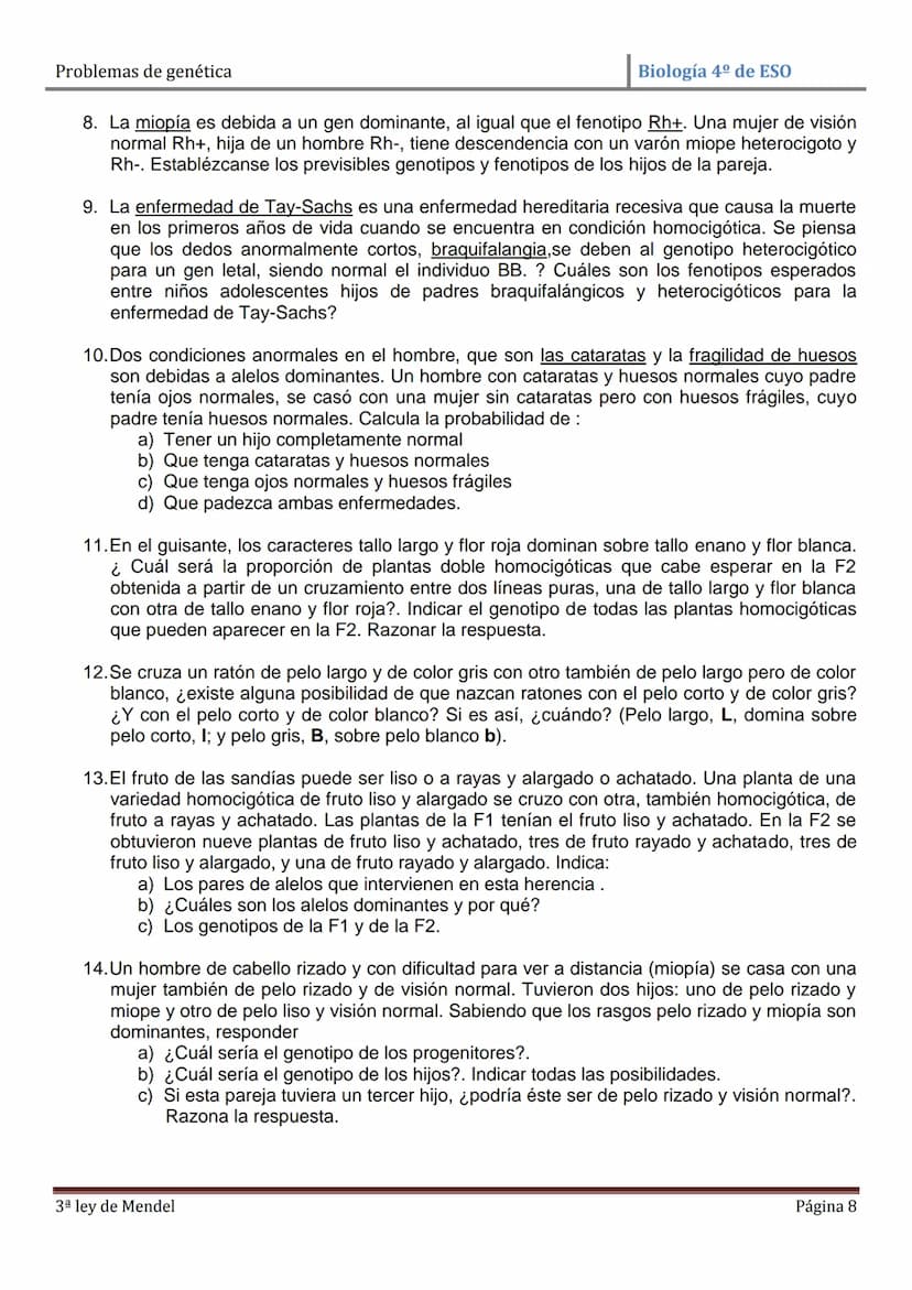 Problemas de genética
Biología 4º de ESO
PROBLEMAS DE GENÉTICA: PRIMERA Y SEGUNDA LEYES DE MENDEL
1. En cierta especie de plantas el color a