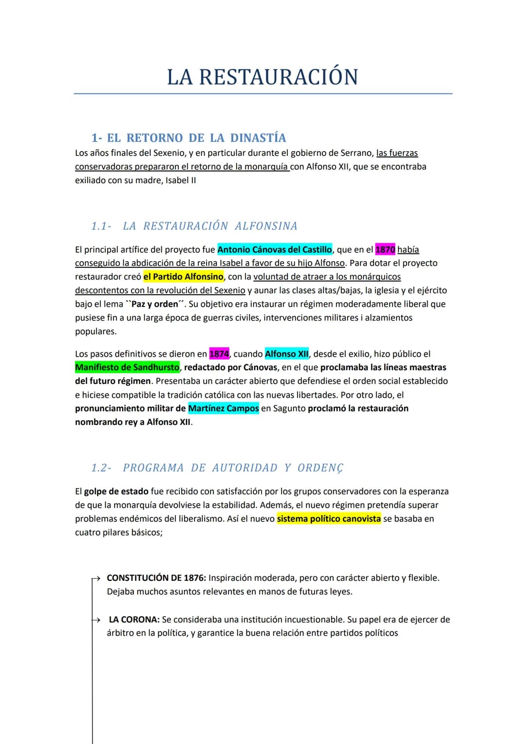 LA RESTAURACIÓN
1- EL RETORNO DE LA DINASTÍA
Los años finales del Sexenio, y en particular durante el gobierno de Serrano, las fuerzas
conse