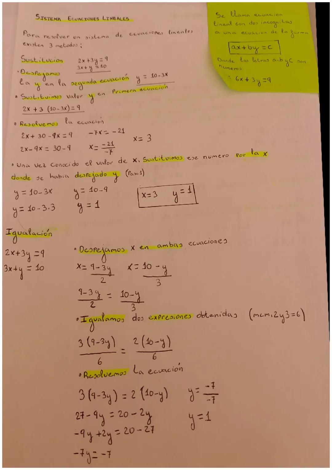 SISTEMA ECUACIONES LINEALES
Para resolver un sistema de
existen 3 metodos;
Sustitucion
•Despejames
la
en la segunda
• Sustituimos valor
2x +
