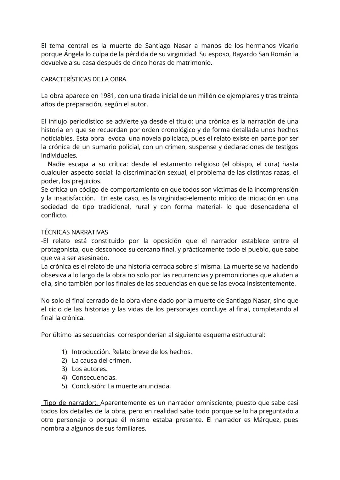 Breve resumen de la historia.
La novela se compone de cinco unidades o secuencias narrativas sin numerar en las
que el argumento se va desar
