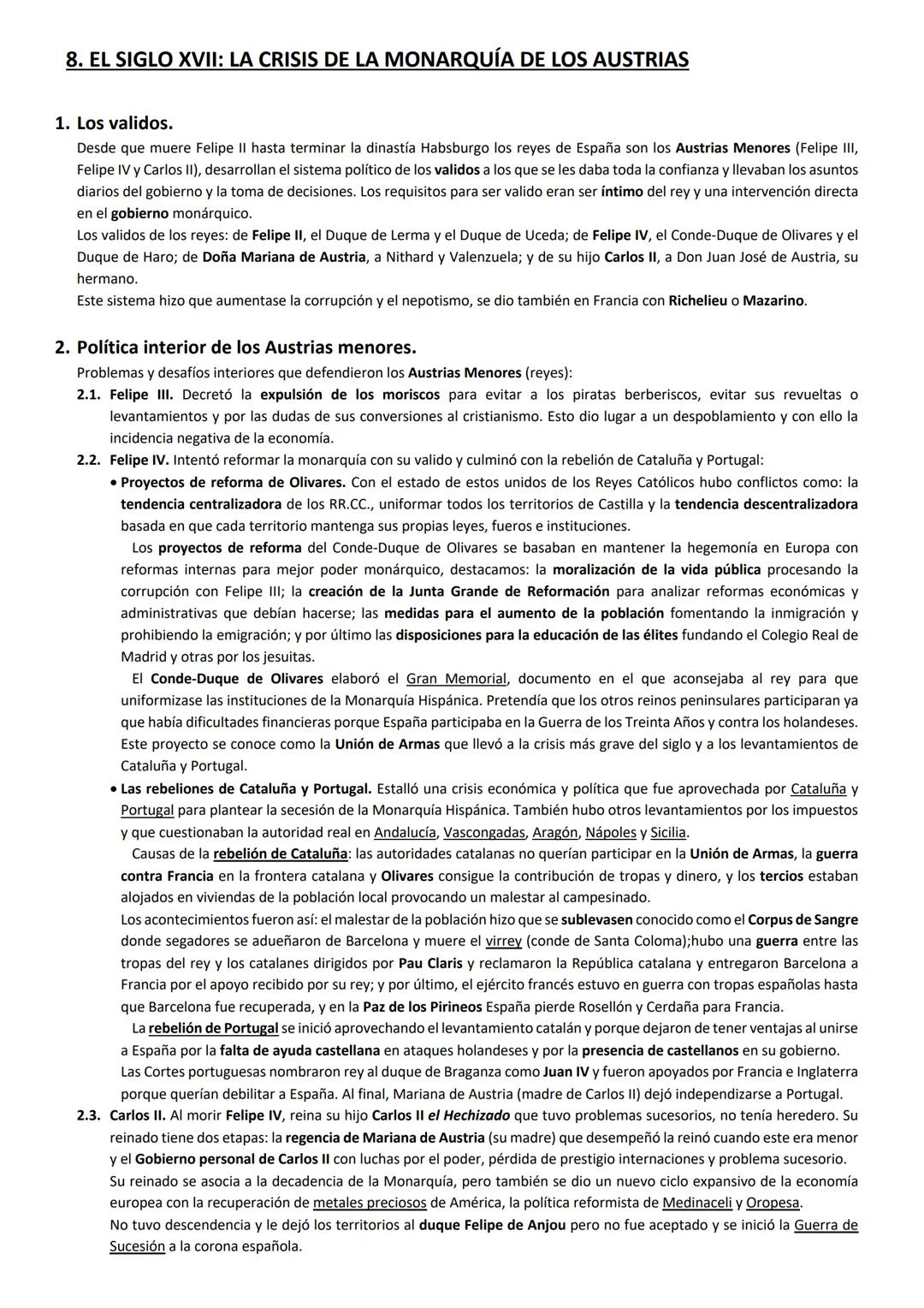 8. EL SIGLO XVII: LA CRISIS DE LA MONARQUÍA DE LOS AUSTRIAS
1. Los validos.
Desde que muere Felipe II hasta terminar la dinastía Habsburgo l