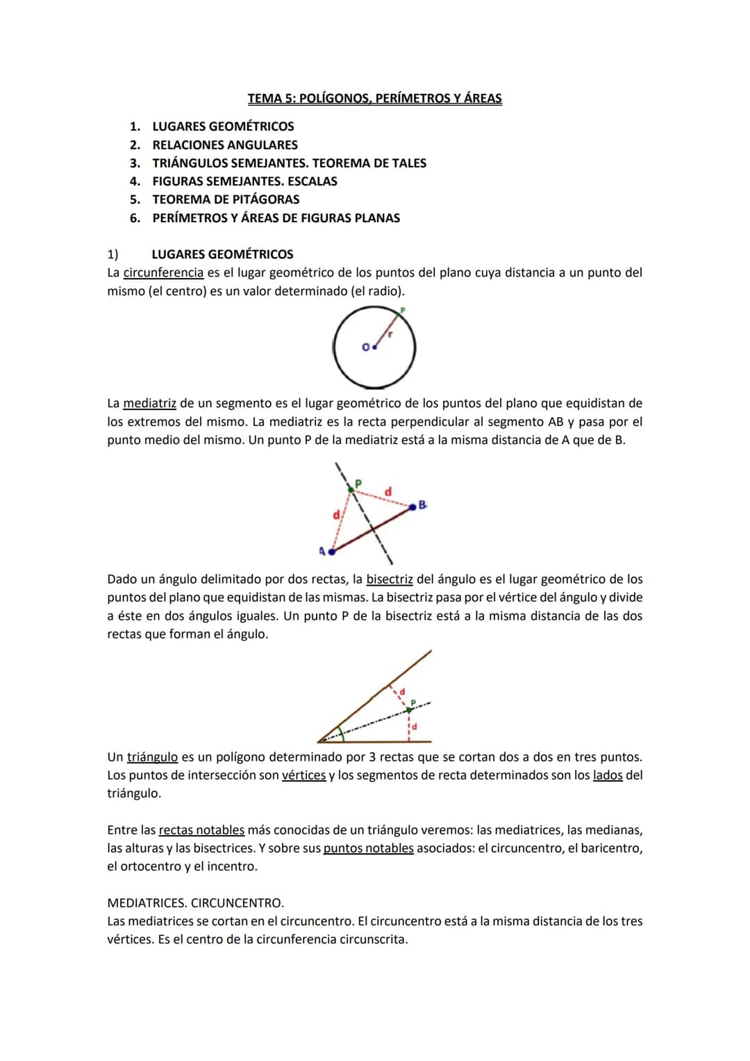 TEMA 5: POLÍGONOS, PERÍMETROS Y ÁREAS
1. LUGARES GEOMÉTRICOS
2. RELACIONES ANGULARES
3. TRIÁNGULOS SEMEJANTES. TEOREMA DE TALES
4. FIGURAS S