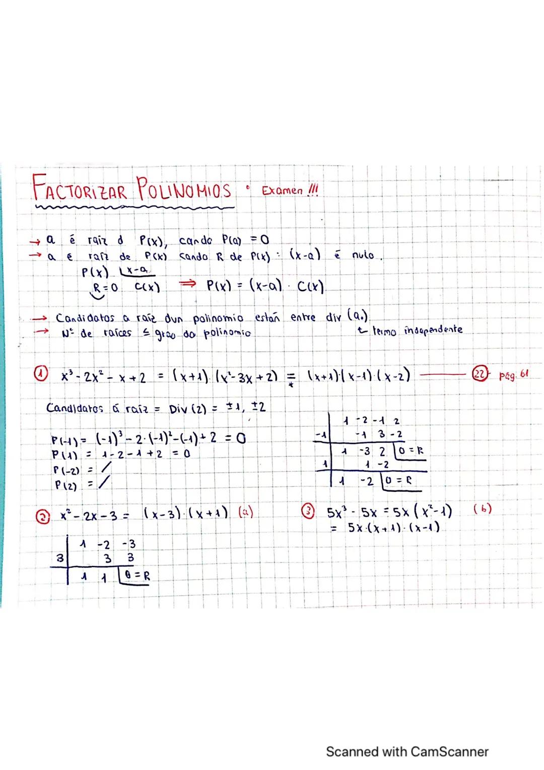 FACTORIZAR POLINOMIOS
→a é raiz d P(x), cando P(a) = 0
→ ae
raíz de P(x) cando R de P(x) = (x-a) é nulo.
P(x) LX-Q
R=0 _C(X)
→ P(x) = (x-a).
