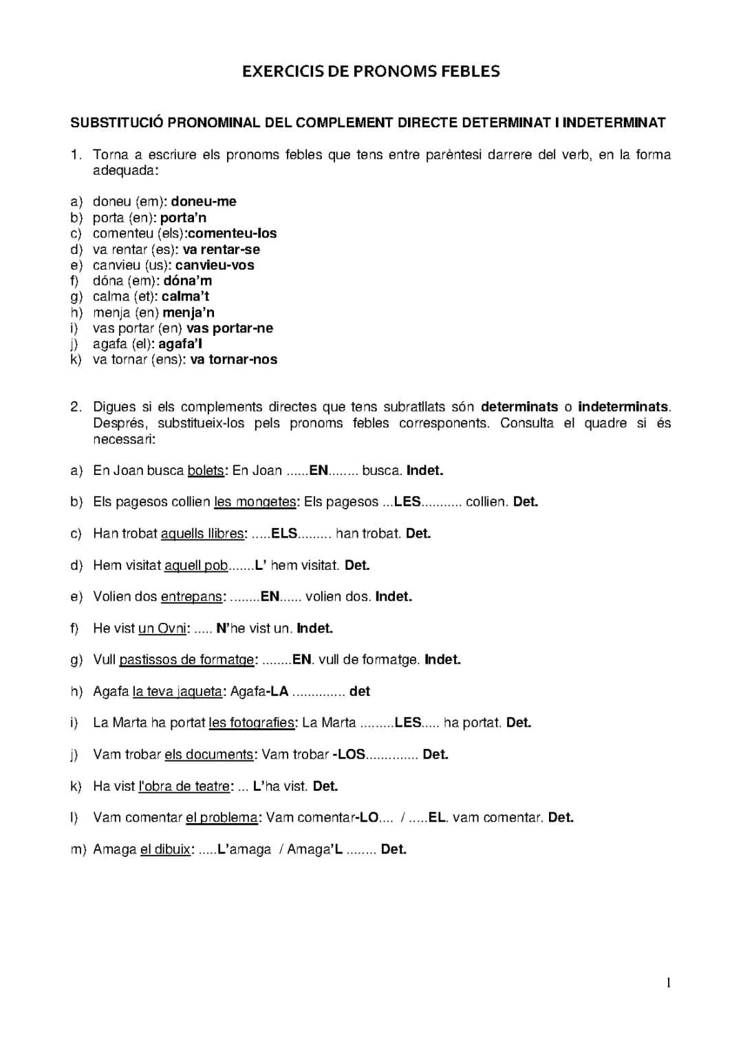 Solucions exercicis pronoms febles