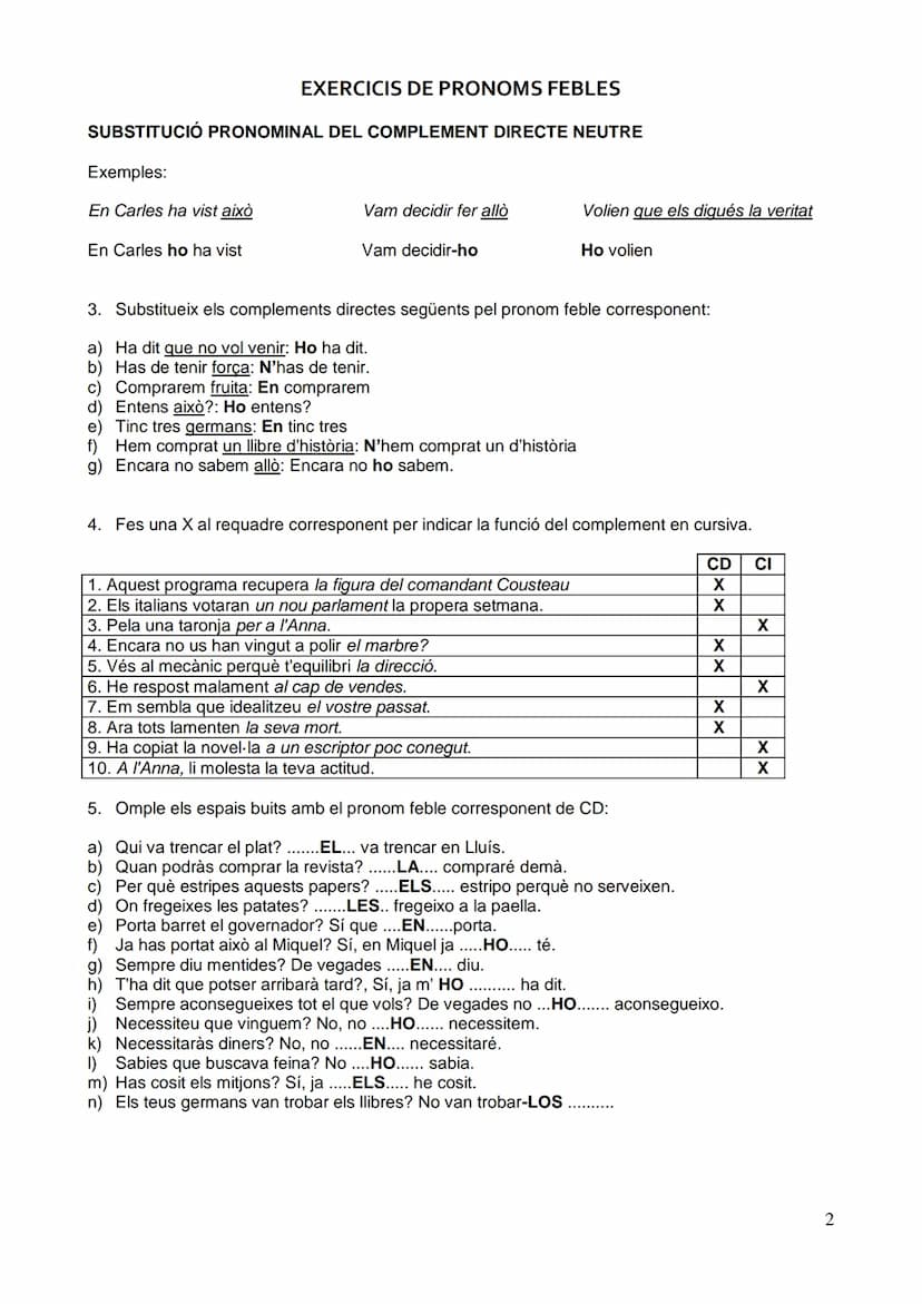 EXERCICIS DE PRONOMS FEBLES
SUBSTITUCIÓ PRONOMINAL DEL COMPLEMENT DIRECTE DETERMINAT I INDETERMINAT
1. Torna a escriure els pronoms febles q