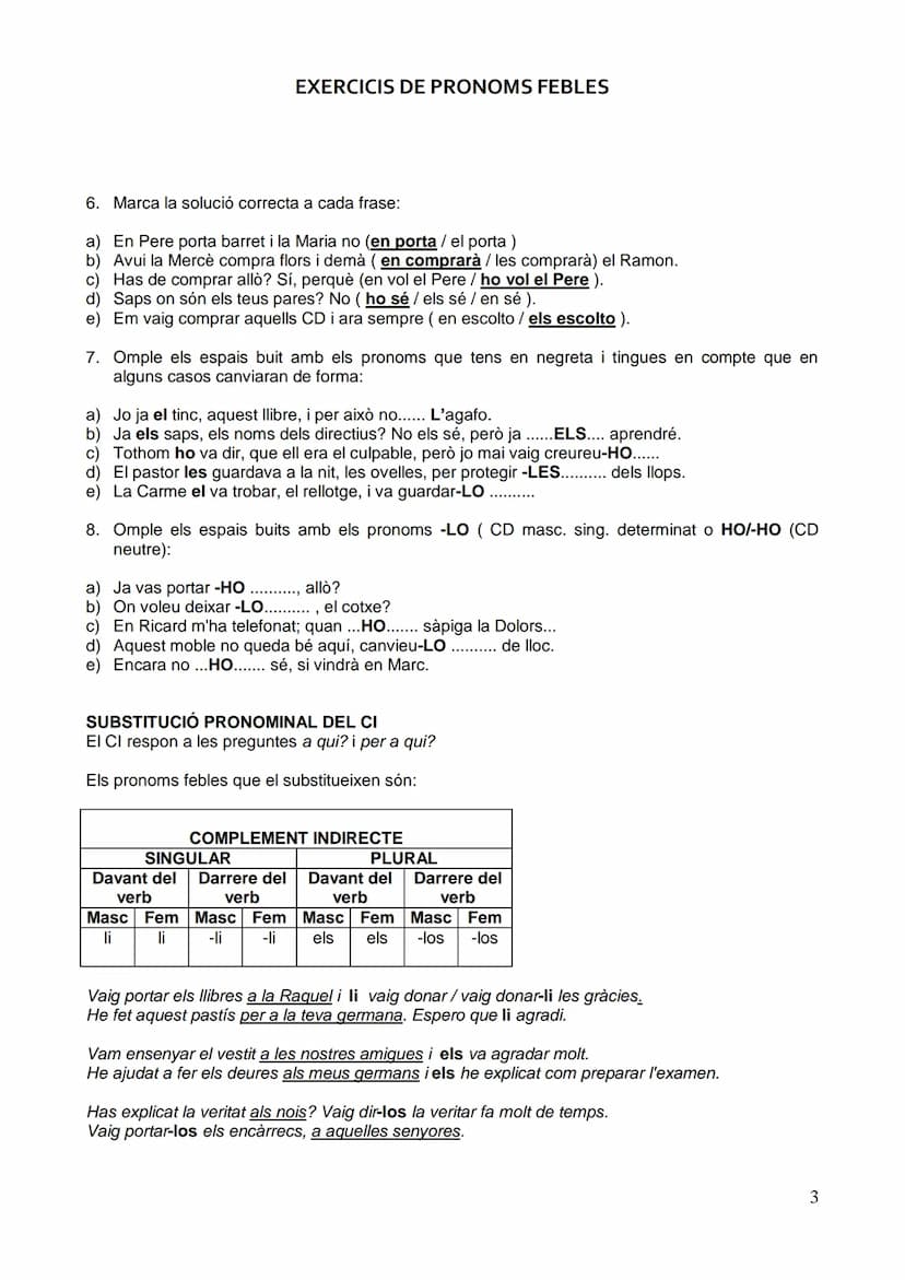 EXERCICIS DE PRONOMS FEBLES
SUBSTITUCIÓ PRONOMINAL DEL COMPLEMENT DIRECTE DETERMINAT I INDETERMINAT
1. Torna a escriure els pronoms febles q