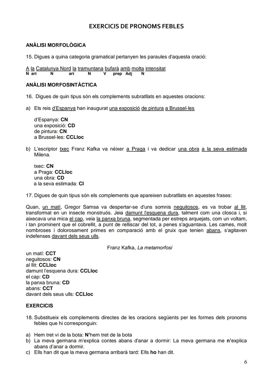 EXERCICIS DE PRONOMS FEBLES
SUBSTITUCIÓ PRONOMINAL DEL COMPLEMENT DIRECTE DETERMINAT I INDETERMINAT
1. Torna a escriure els pronoms febles q