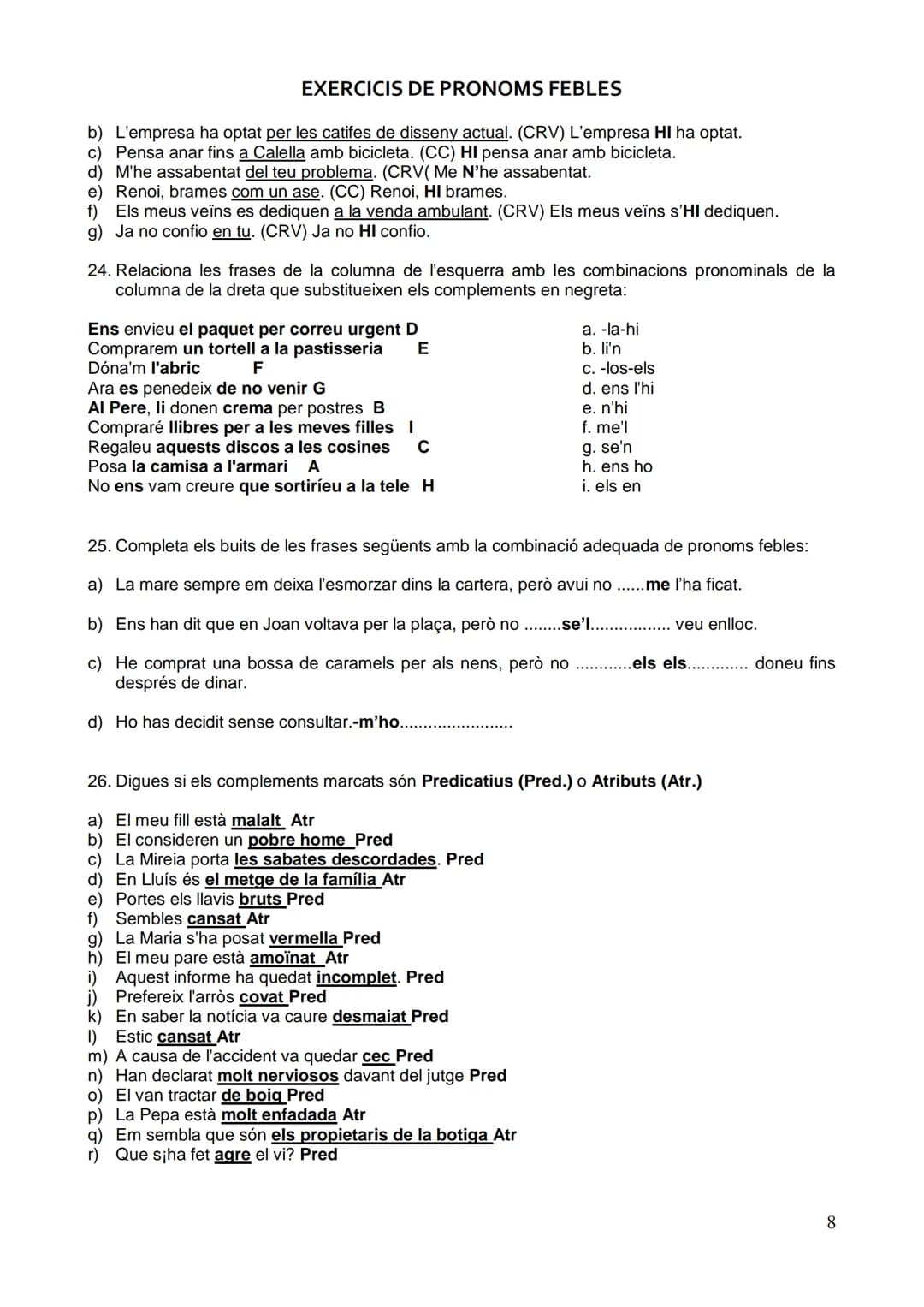 EXERCICIS DE PRONOMS FEBLES
SUBSTITUCIÓ PRONOMINAL DEL COMPLEMENT DIRECTE DETERMINAT I INDETERMINAT
1. Torna a escriure els pronoms febles q