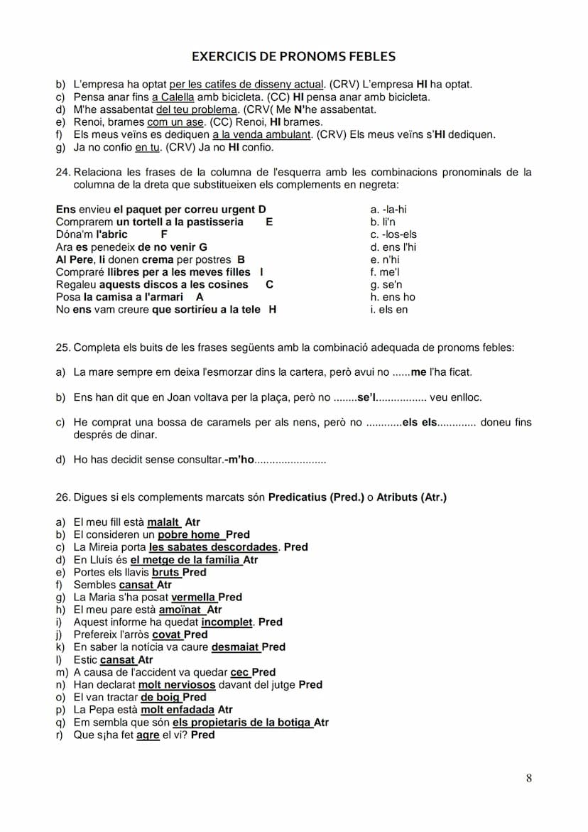 EXERCICIS DE PRONOMS FEBLES
SUBSTITUCIÓ PRONOMINAL DEL COMPLEMENT DIRECTE DETERMINAT I INDETERMINAT
1. Torna a escriure els pronoms febles q
