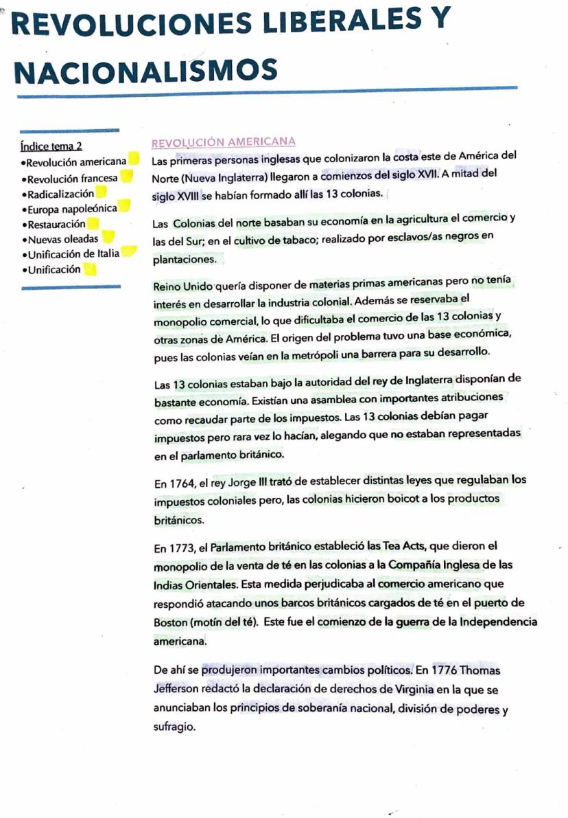 REVOLUCIONES LIBERALES Y
NACIONALISMOS
Índice tema 2
Revolución americana
Revolución francesa
Radicalización
•Europa napoleónica
•Restauraci