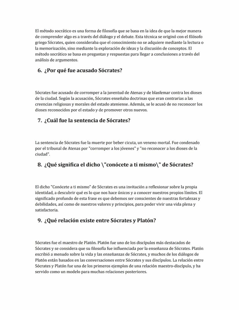 Ejercicio Sócrates
1. ¿Quién fue Sócrates?
Sócrates fue un filósofo griego del siglo V a. C. Considerado como uno de los más
importantes pen