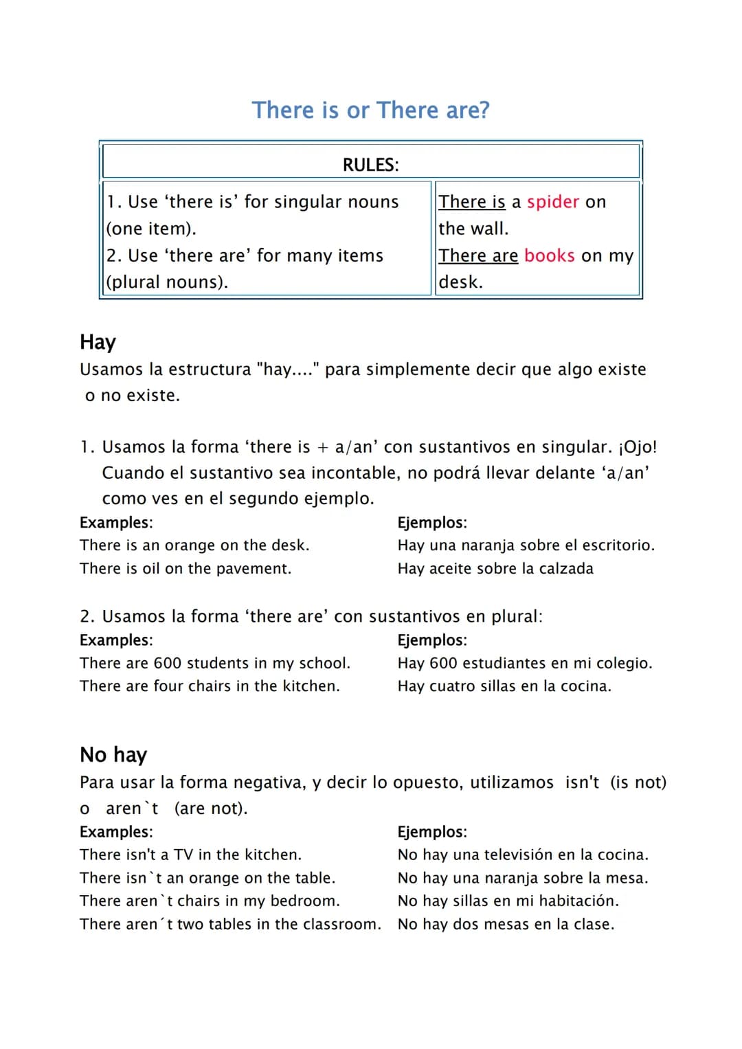 There is or There are?
RULES:
1. Use 'there is' for singular nouns
(one item).
2. Use 'there are' for many items
(plural nouns).
There is a 