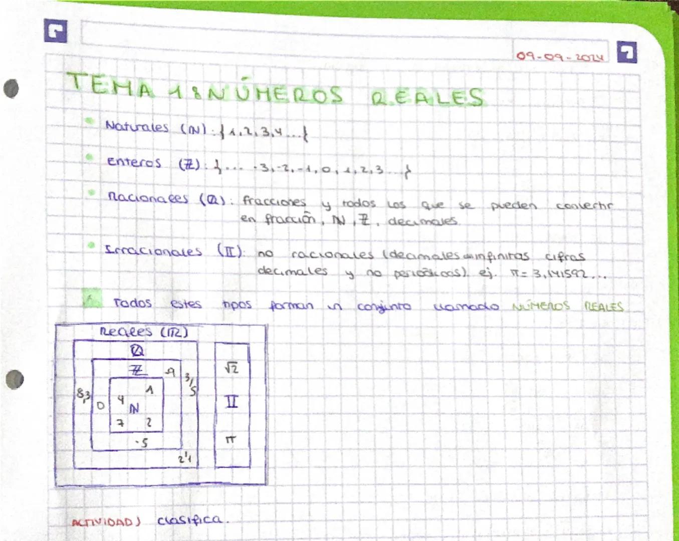 09-09-2014

TEMA 18NÚMEROS REALES

*   Naturales (N): 1.2.3.4...

*   Enteros (2): 13,-2,-1,0,1,2,3

*   Racionales (Q): fracciones y todos 