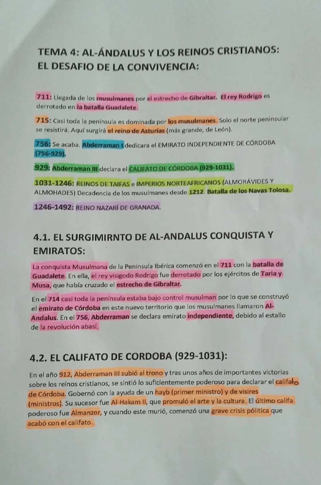 # TEMA 4: AL-ÁNDALUS Y LOS REINOS CRISTIANOS:
# EL DESAFIO DE LA CONVIVENCIA:
711: Llegada de los musulmanes por el estrecho de Gibraltar. E