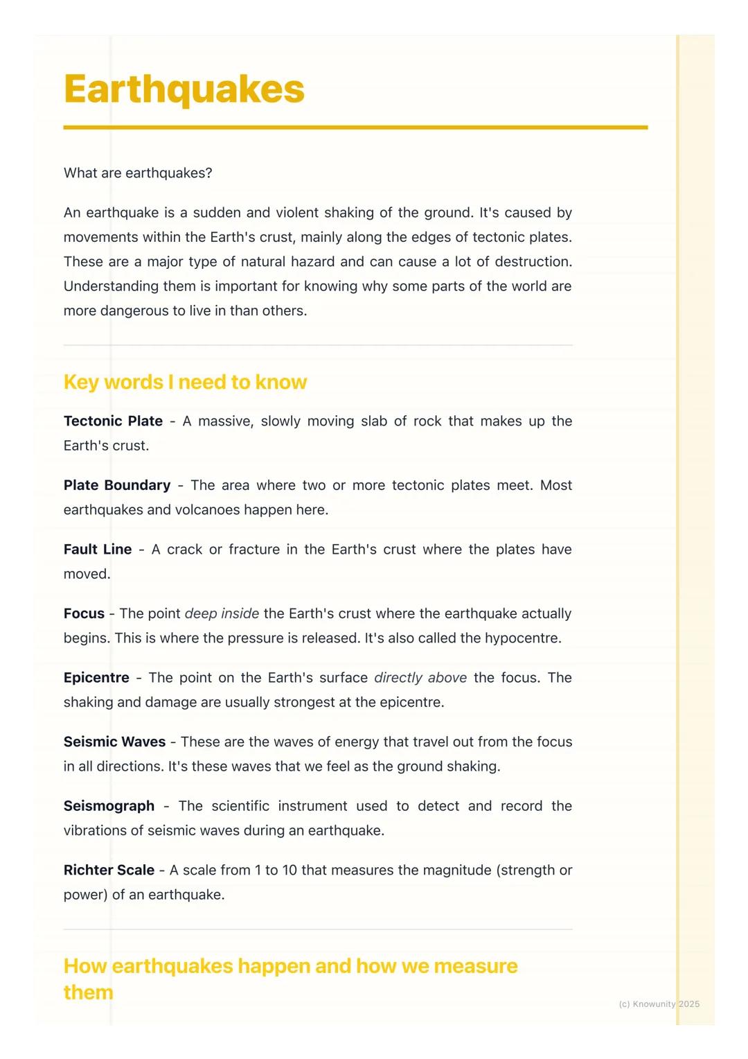 # Earthquakes

What are earthquakes?

An earthquake is a sudden and violent shaking of the ground. It's caused by
movements within the Earth