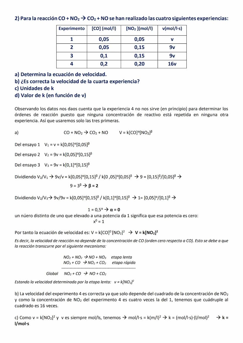 EJERCICIOS RESULTOS DE CINÉTICA QUÍMICA
1) Para la reacción A + B → C se obtuvieron los siguientes resultados:
[B] mol/l
[A] mol/l
0,1
0,1
0