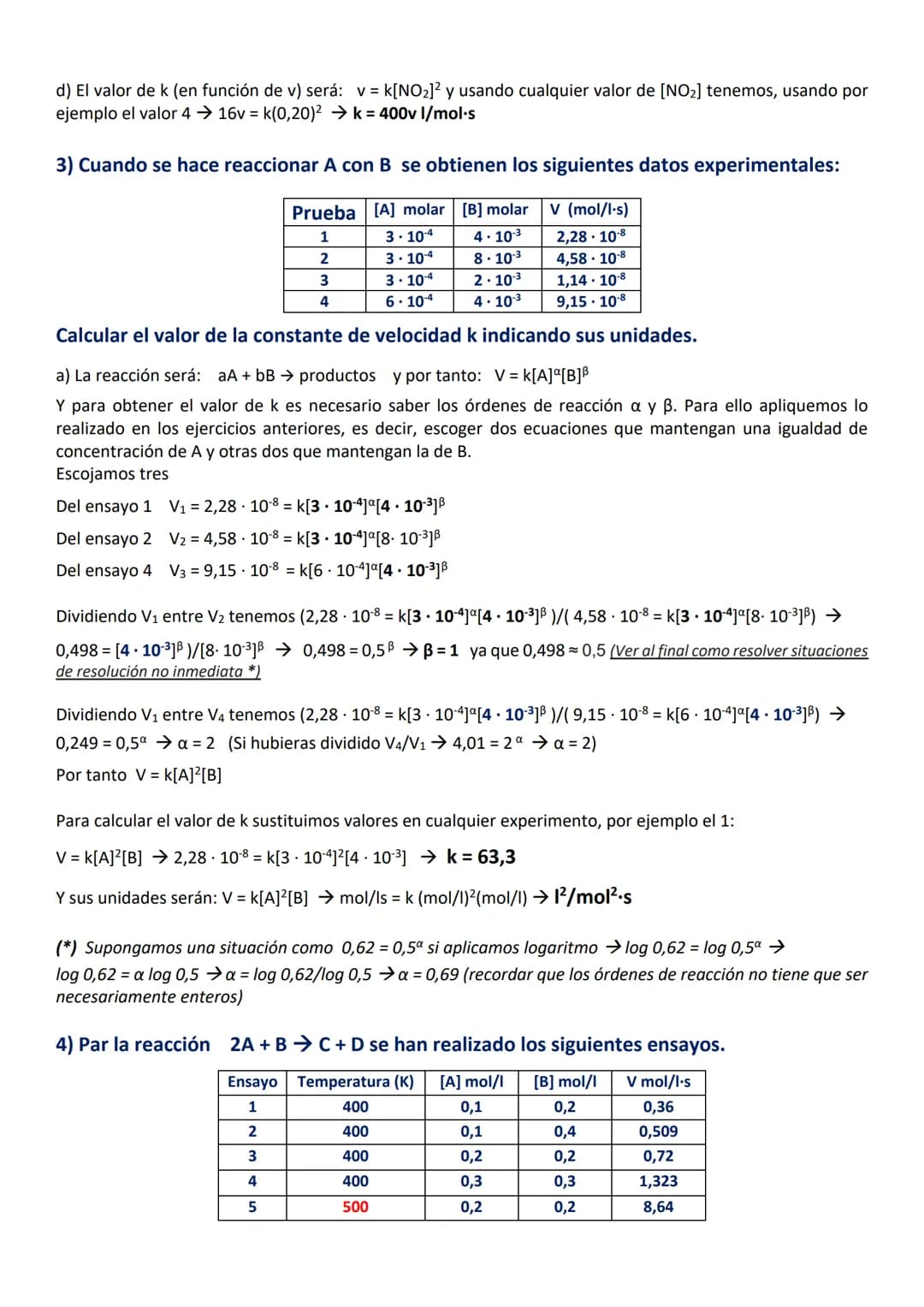 EJERCICIOS RESULTOS DE CINÉTICA QUÍMICA
1) Para la reacción A + B → C se obtuvieron los siguientes resultados:
[B] mol/l
[A] mol/l
0,1
0,1
0