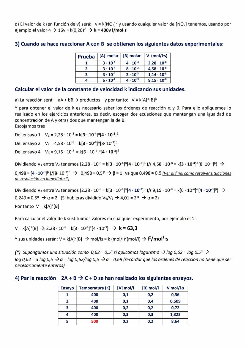 EJERCICIOS RESULTOS DE CINÉTICA QUÍMICA
1) Para la reacción A + B → C se obtuvieron los siguientes resultados:
[B] mol/l
[A] mol/l
0,1
0,1
0