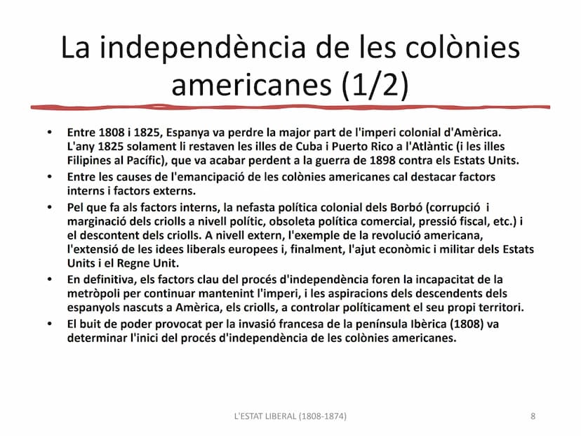 L'ESTAT LIBERAL A ESPANYA
(1808-1874)
L'ESTAT LIBERAL (1808-1874)
1 1790
CARLES IV
1800
1808
Invasió napoleónica
JOSEPI
BONAPARTE
FERRAN VII