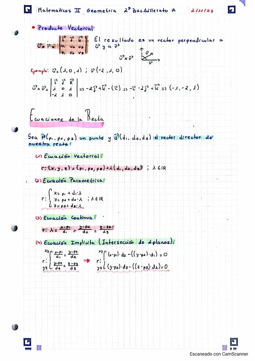 Matematicas I Geometria dº Bachillerato A
Poloque II : Geometria
X
2
vector
• Punto
y
• Punto medio
Para calcular el punto
Ejemplo: A(0,1,2)