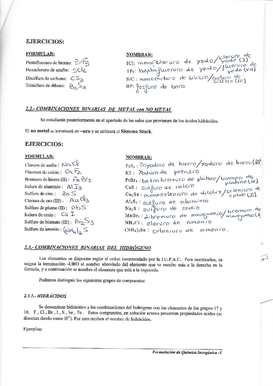 Ejemplos de Formulación Química Inorgánica y Nomenclatura de Hidrácidos