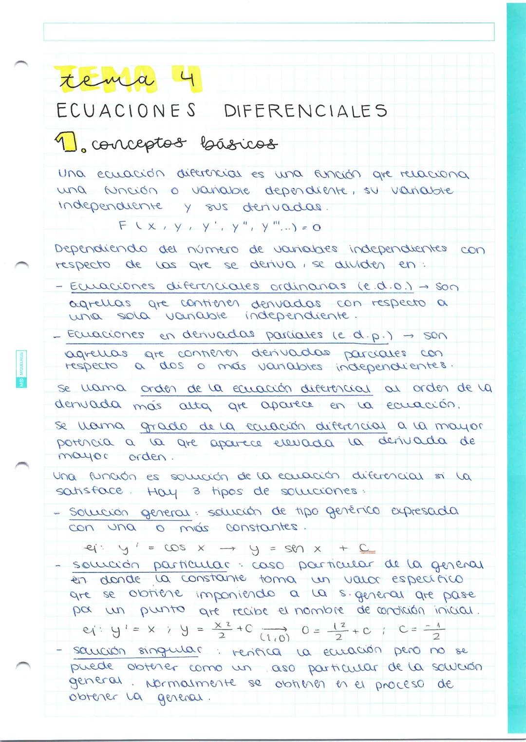 tema 4
ECUACIONES
1. conceptos básicos
Una ecuación diferencial es una función que relaciona
una
Nunción
variable
independiente
-
denvadas.

