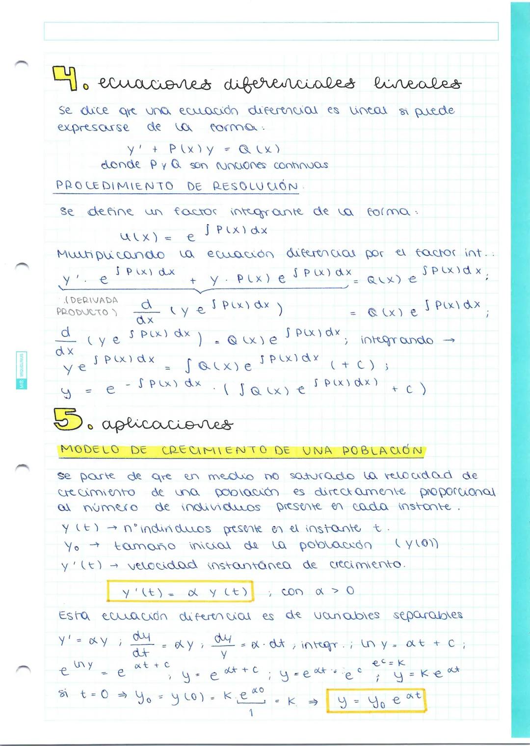 tema 4
ECUACIONES
1. conceptos básicos
Una ecuación diferencial es una función que relaciona
una
Nunción
variable
independiente
-
denvadas.
