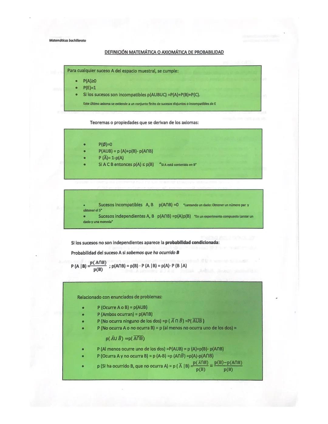 Matemáticas bachillerato
Para cualquier suceso A del espacio muestral, se cumple:
•
P(A)20
•
P(E)=1
●
Si los sucesos son incompatibles p(AUB