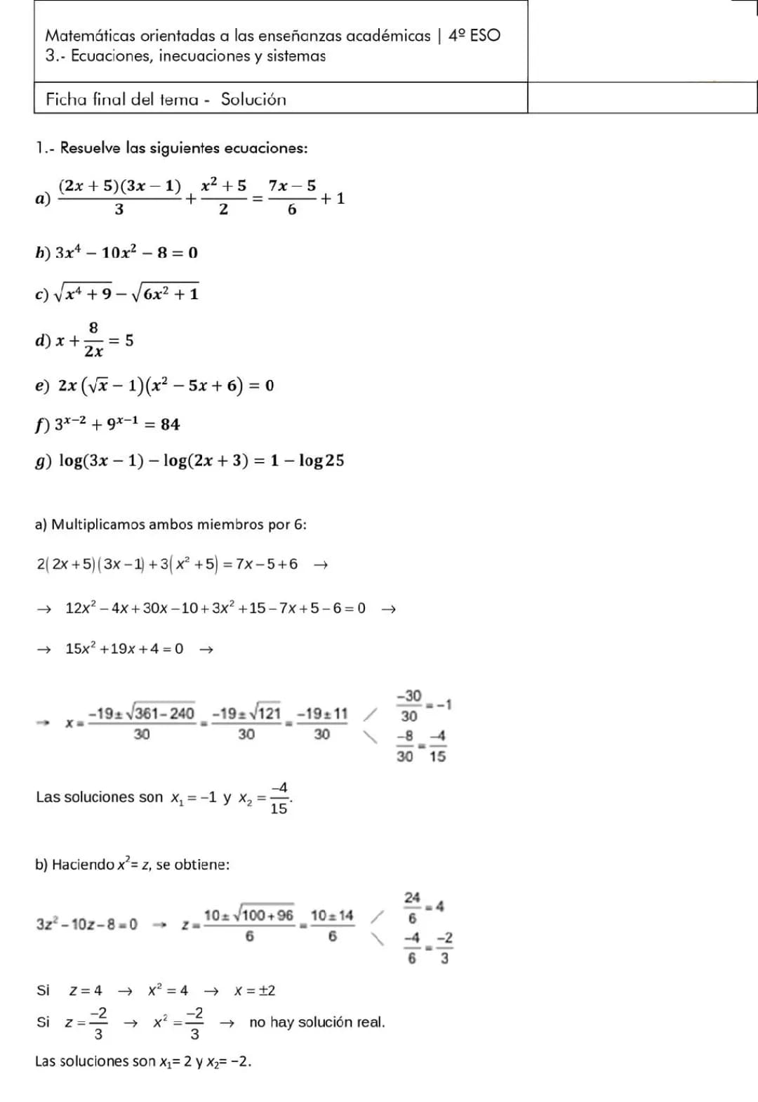 Ficha ecuaciones e inecuaciones con solución Matemáticas 4ºESO