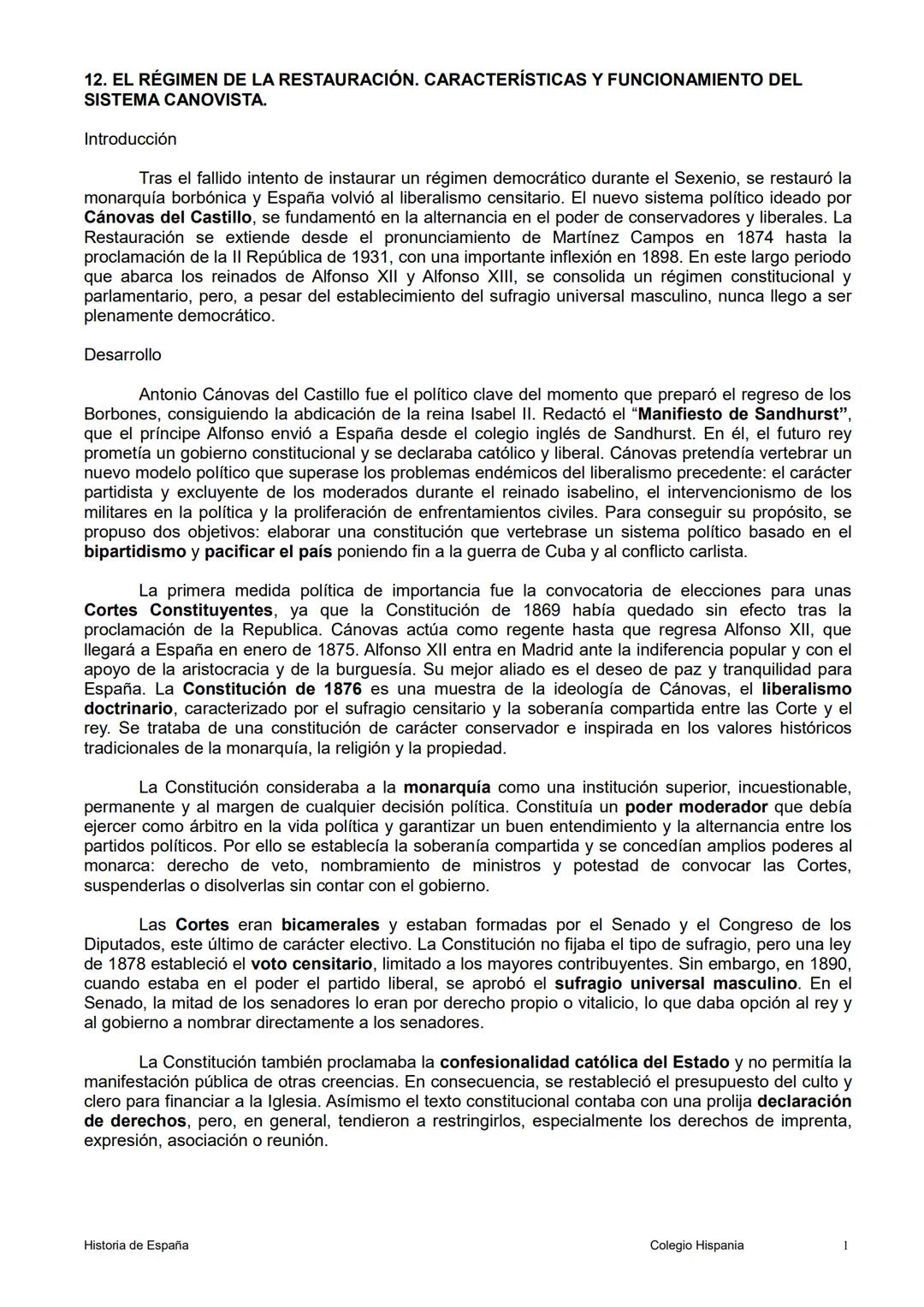 # 12. EL RÉGIMEN DE LA RESTAURACIÓN. CARACTERÍSTICAS Y FUNCIONAMIENTO DEL
SISTEMA CANOVISTA.

Introducción

Tras el fallido intento de insta