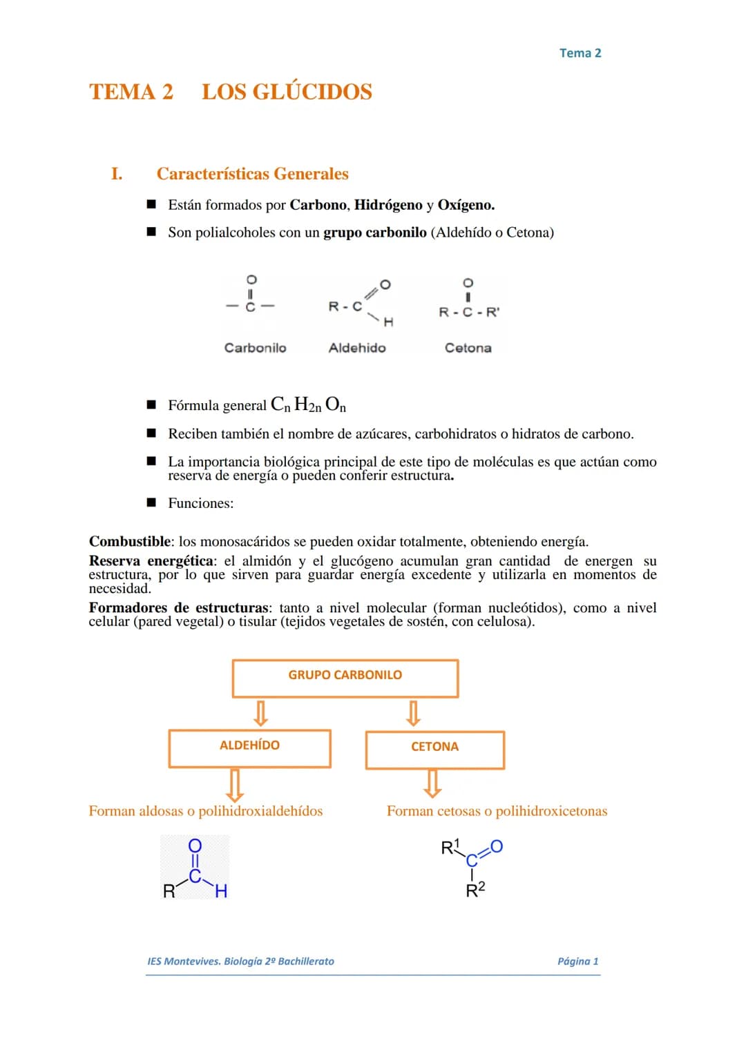 TEMA 2 LOS GLÚCIDOS
I.
Características Generales
Están formados por Carbono, Hidrógeno y Oxígeno.
■ Son polialcoholes con un grupo carbonilo