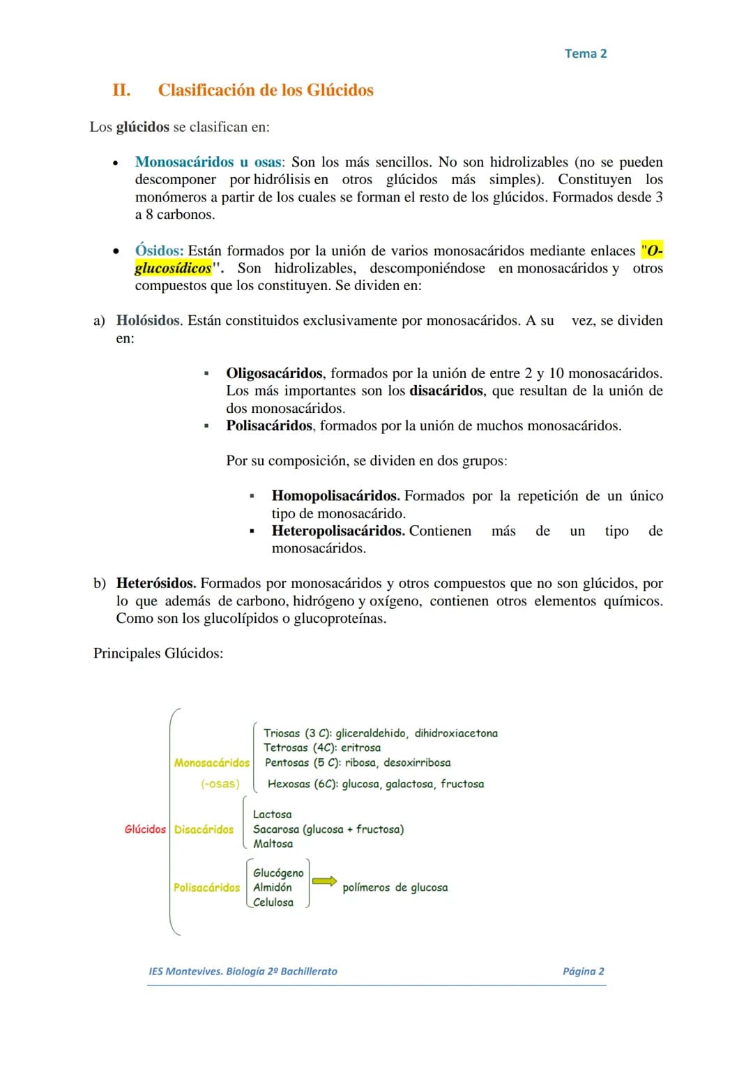TEMA 2 LOS GLÚCIDOS
I.
Características Generales
Están formados por Carbono, Hidrógeno y Oxígeno.
■ Son polialcoholes con un grupo carbonilo