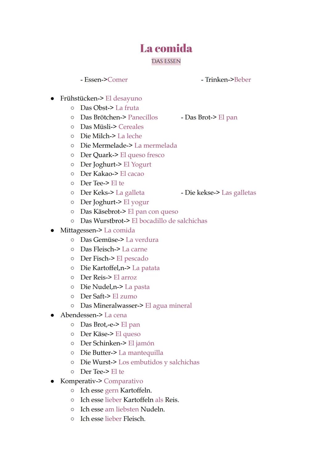 O
O
Frühstücken-> El desayuno
O Das Obst-> La fruta
OOO OOO OO
• Mittagessen-> La comida
O
O
Der Quark-> El queso fresco
Der Joghurt-> El Yo
