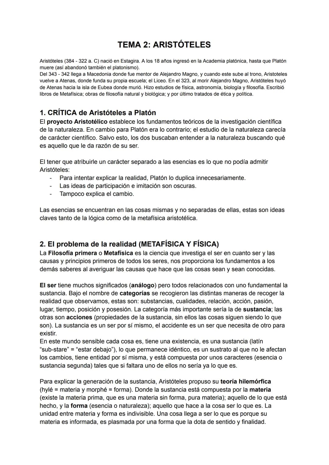 TEMA 2: ARISTÓTELES
Aristóteles (384-322 a. C) nació en Estagira. A los 18 años ingresó en la Academia platónica, hasta que Platón
muere (as